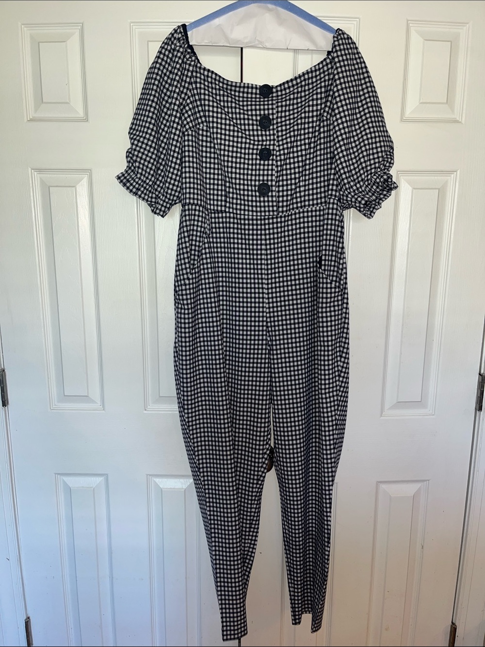 New York & Company Black and White Gingham Puff Sleeve Jumpsuit